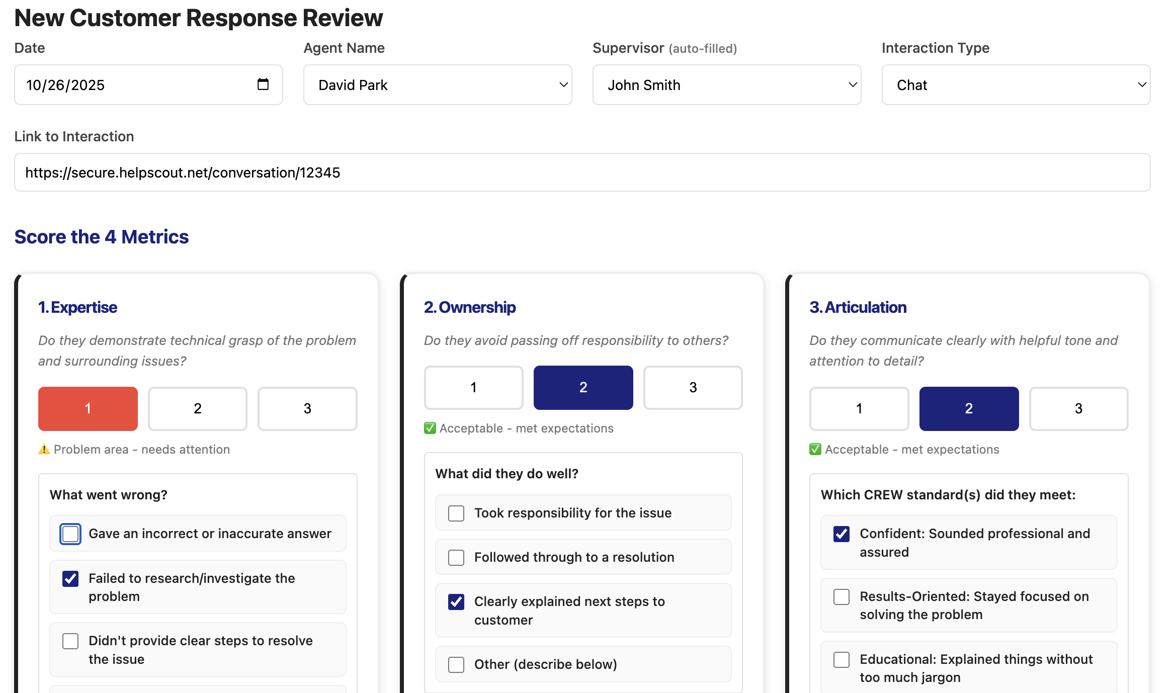 The input screen for a CRR showing easy dropdowns and individual metric feedback.