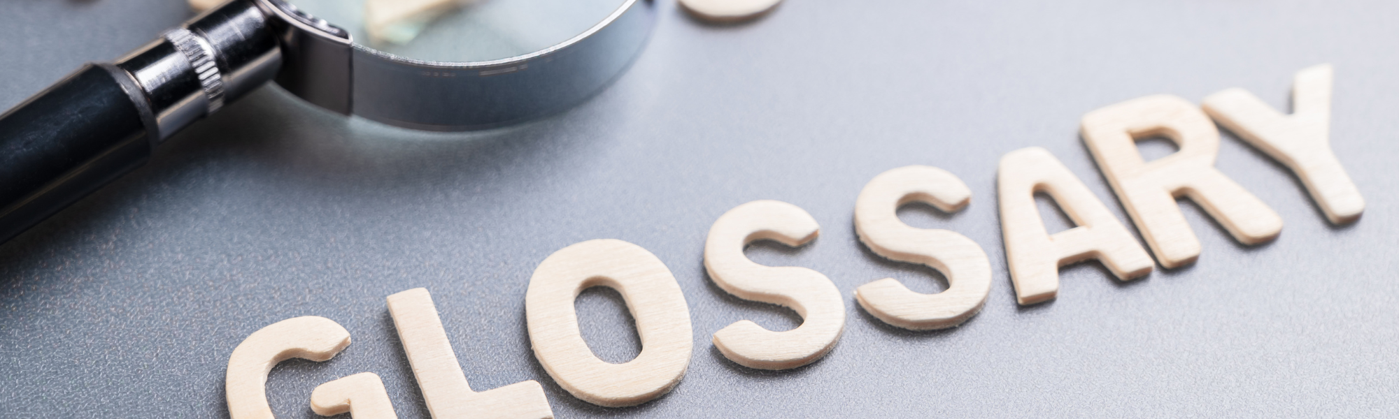 Thin wooden letters spell out the word "glossary" on a tabletop.
